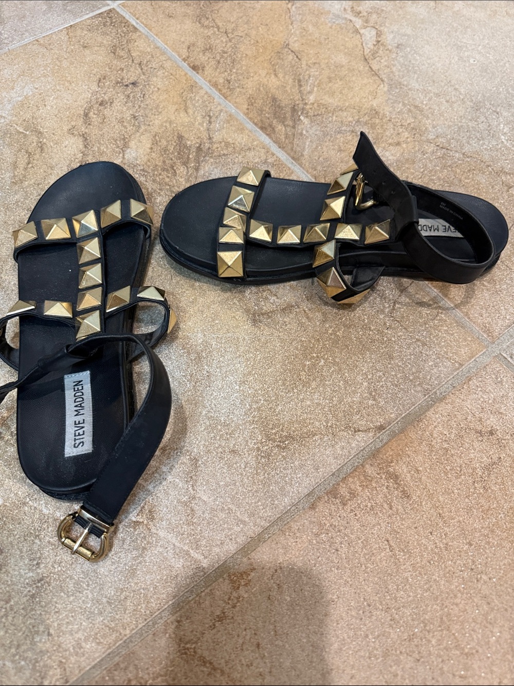 Steve Madden Black Sandals with Gold Pyramid Studs